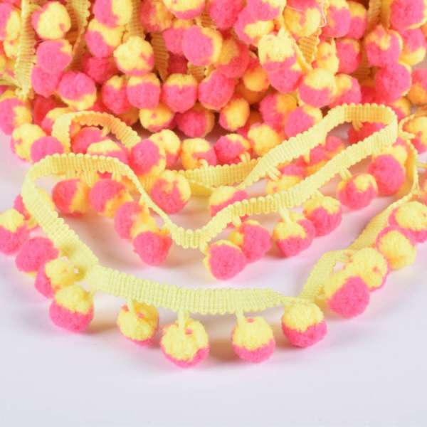 Тасьма з помпонами 10мм жовта, жовто-рожеві помпони оптом