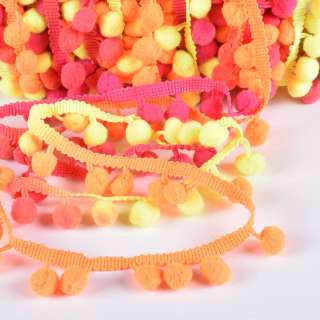 Тесьма с помпонами 10мм радуга (оранжевый, желтый, розовый) оптом