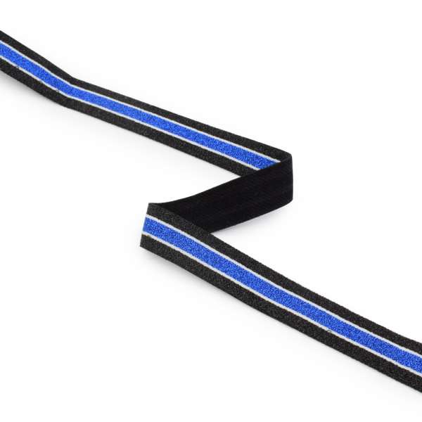 Стрічка еластична 20мм чорна з синьо-білою смужкою з люрексом оптом