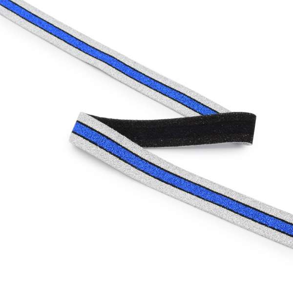 Стрічка еластична 20мм срібляста з синьо-чорною смужкою з люрексом оптом