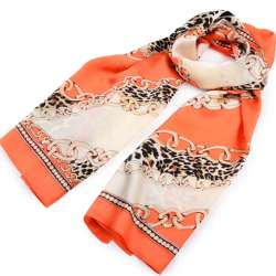 Хустка-шарф шовковий із золотою печаткою 53х174 см ланцюга, леопардовий принт, помаранчевий