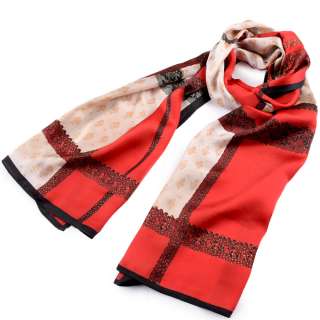 Платок-шарф шелковый с золотой печатью 54х174 см в клетку, принт кружево, бежево-красный оптом