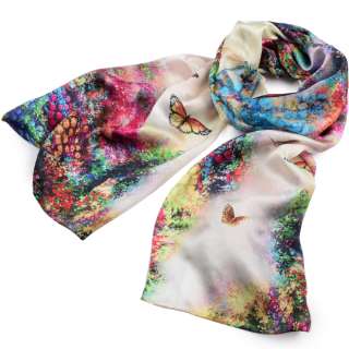Хустка-шарф шовковий 52х170 см метелики на лузі, молочно-блакитний оптом