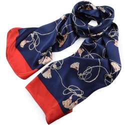 Хустка-шарф шовкова 53х176 см шнури з китицями, червона облямівка, синя