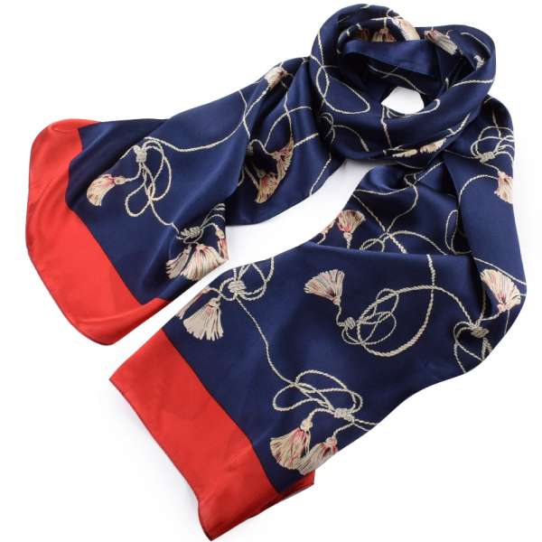 Платок-шарф шелковый 53х176 см шнуры с кистями, красная кайма, синий оптом