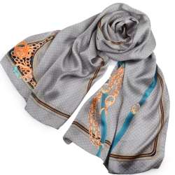 Хустка-шарф шовковий 53х175 см принт літери, блакитний ремінь, кисті, сірий