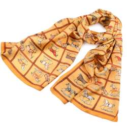 Платок-шарф шелковый 53х170 см квадраты, кони, желтый