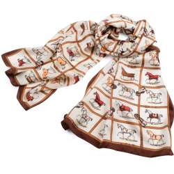 Платок-шарф шелковый 52х170 см квадраты, кони, молочный