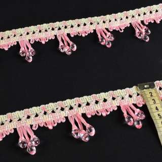Бахрома с бусинами прозрачными на плетеной тесьме 60мм, розовая оптом