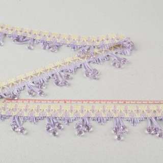 Бахрома с бусинами прозрачными на плетеной тесьме 60мм, фиолетовая светлая оптом